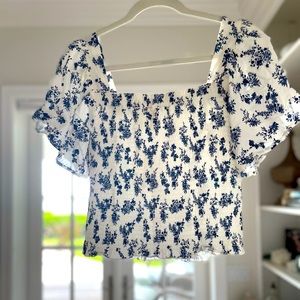 JAPNA White and Blue Smocked Top Size L